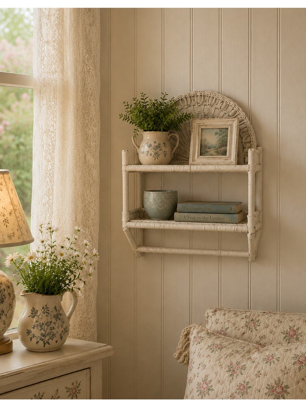 Vintage Wicker Rattan Wall Storage Shelf Hanging w/ Towel Bars